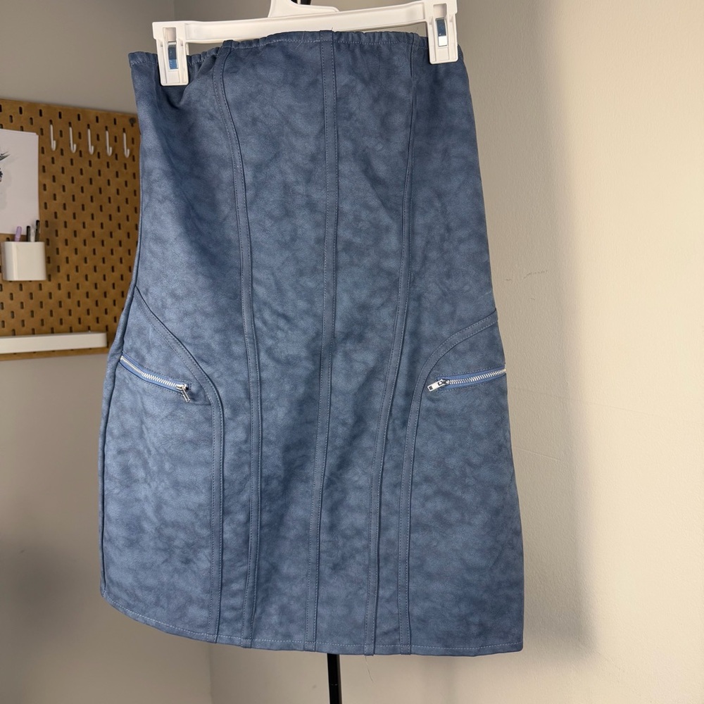 PrettyLittleThing Slate Blue Faux Suede A-Line Skirt with Zip Pockets
